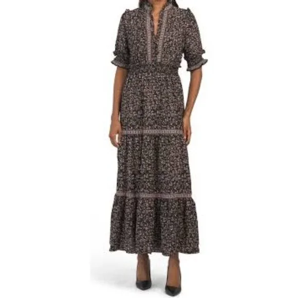 Max Studio Womens Floral Smock Granny Maxi Dress Size M Ditsy 8048 NWT Tiered - Picture 2 of 13